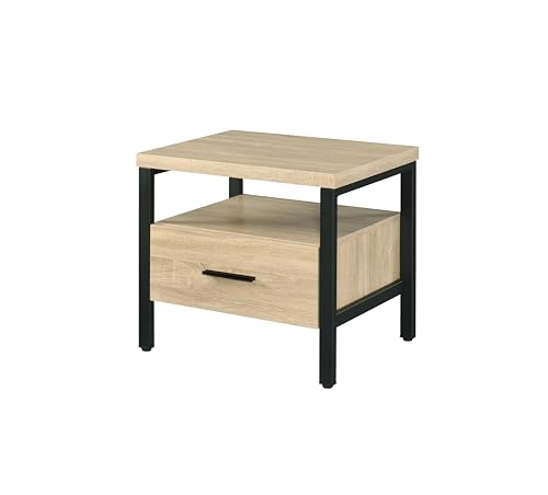 Industrial Bedside Table: 1 Drawer & Open Shelf Nightstand - Oak & Black Metal Frame for Loft Style Bedroom & Studio Use
