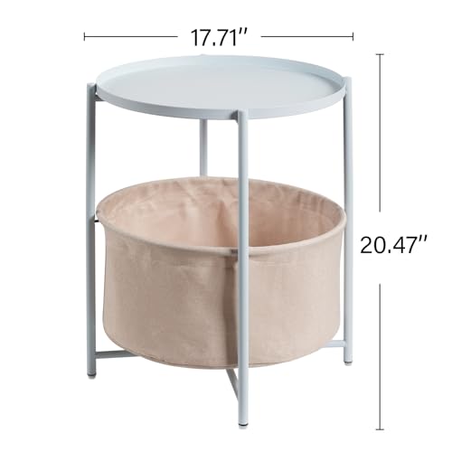 danpinera Small Round Side Table with Storage Basket, Removable Tray Top | Metal End Table for Small Space, Living Room, Bedroom, Nursery, Laundry, Modern Nightstand with Removable Tray, Blue-Gray - color: Blue Gray