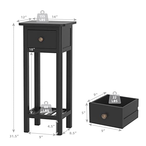 Giantex Tall End Table Set of 2, Narrow Side Table with Drawer and Shelf, Acacia Wood Nightstand for Living Room, 2-Tier Bedside Table for Small Space, No Assembly, Black - color: Black