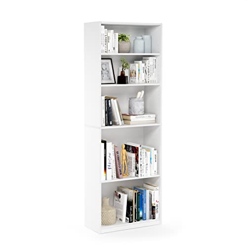 Furinno Jaya 5-Tier Book Shelf with Adjustable Shelves, White Bookshelf, Bookcase, 9.5 x 24.5 x 71.2, for Living Room, Bedroom, Home Office, Plain White - color: White, size: 5-Tier (New)