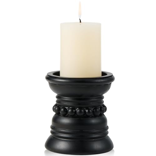 Wooden Candle Holder with Metal Cup - Rustic 4 Inch Pillar Candles Pedestal Stand for Tabletop, Fireplace, Decorative Beaded Candlestick Holders for Farmhouse Vintage Home Decor - Black - color: Black