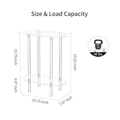Clear Acrylic Narrow Side Table Set of 2 for Small Spaces, 15.75" L x 7.87" W x 19.82" H, 2 Tier Oval Slim End Table Nightstand, Small Skinny Bedside Table for Bedroom, Bathroom, Living Room - size: 2 Tier Oval 2-Pack