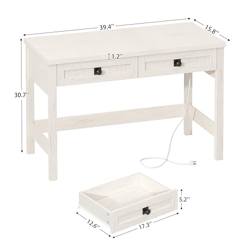 YOMILUVE Farmhouse Computer Desk with 2 Drawers, 39 Inch Small Office Computer Desk with Power Outlets, Compact Writing Study Vanity Desk for Small Spaces, White - color: White