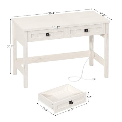 YOMILUVE Farmhouse Computer Desk with 2 Drawers, 39 Inch Small Office Computer Desk with Power Outlets, Compact Writing Study Vanity Desk for Small Spaces, White - color: White