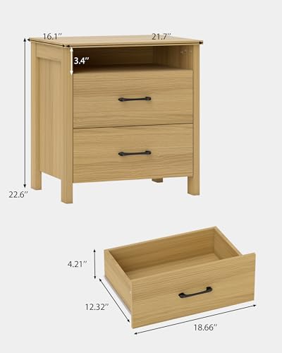Farmhouse Nightstand with 2 Drawers, Rustic Wooden Nightstand with Bedside Table, Side End Table with Open Shelf for Bedroom, Natural - color: Natural, size: 1 Piece