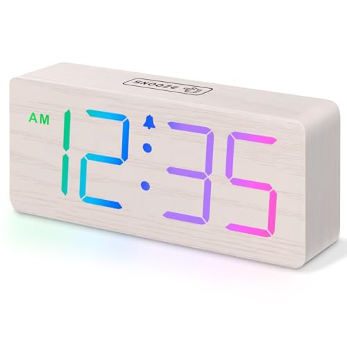 DreamSky Wooden Digital Alarm Clock for Bedroom, Living Room Desk | RGB Loud Alarm Clock for Heavy Sleepers with Volume Control, Large Numbers with Dimmer, Office Wood Decor (Plug in Clock) - color: Rgb White (Plug-in)