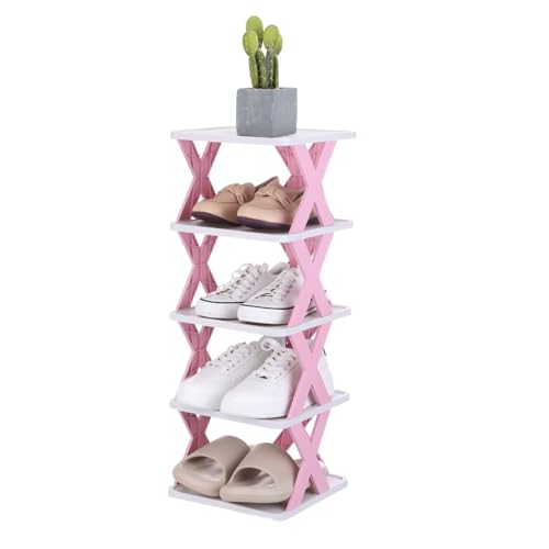 uxcell 5-Tier Plastic Shoe Rack, Vertical Shoe Rack Stackable Storage Organizer Folding Space-Saving Narrow Slot Shelf for Closet Livingroom Entryway Garage, Pink/White - color: Pink/White, size: 10.2x9.4x25.8 Inch