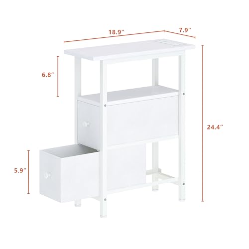 TRIFEBLE End Table with Charging Station, Narrow Side Table with 2 Fabric Drawers, Skinny Nightstand with LED Light, Slim Bedside Table for Bedroom, Living Room, Small Spaces, White