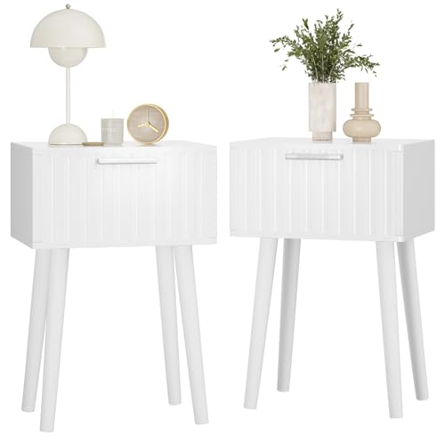 YMYNY Fluted Nightstand Set of 2, Small End Table, Modern Coffee Table with Drawer, Solid Wood Legs, Retaining Chain, 13.8" x 10.6" x 20.9", for Bedroom and Small Spaces, White UHST014W-2 - color: White