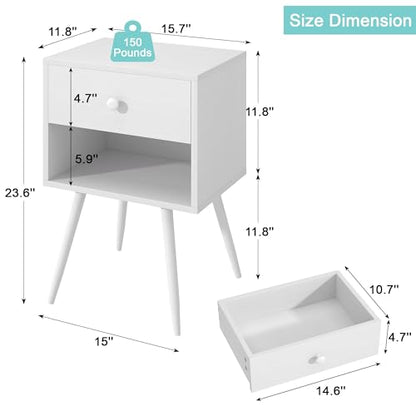 VECELO Nightstands Set of 2, Mid Century Modern End Bedside Table, Night Stand with Storage Drawer and 2 Tiers Open Shelf for Small Place, Bedroom, Living Room, Easy Assembly, Pure White - color: Pure White
