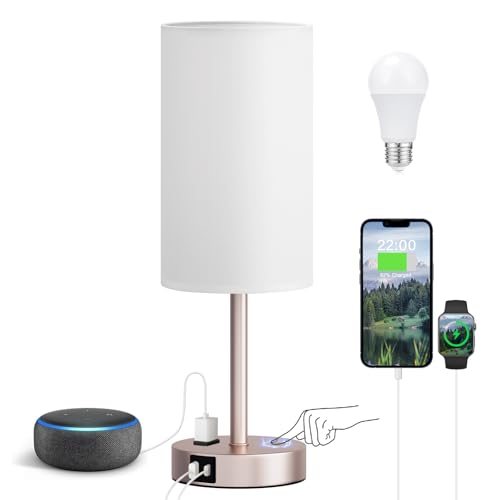 Fenmzee Antique White Bedside Table Lamp for Bedroom - 3 Way Dimmable Touch Lamp USB C Charging Ports and AC Outlet, Small Lamp Gold Base Round Flaxen Fabric Shade for Living Room, Desk - color: White - Antique White, size: 17.4" Touch Control