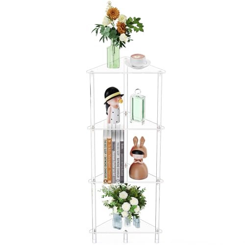 Clear Triangle Acrylic Side Table for Small Space, 11.81" L x 11.81" W x 38.7" H, 4-Tier Transparent Corner Shelf Stand End Table, Corner Storage Display Rack for Living Room Bedroom Bathroom - size: 4 Tier 1-Pack