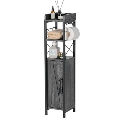 VECELO Small Bathroom Storage Cabinet, Slim Toilet Paper Holder with Shelves & Metal Racks, Organizer Cabinet for Narrow Spaces, Iron Gray, Farmhouse Style