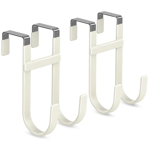 FYY Over the Door Hooks, Double-Hanger 2 Pack, Fits Doors 1 3/8" Beige | Heavy Duty Metal, Hold 100lbs, Rubber-Coated, No-Drilling, for Bathroom Dorm, Hanging Clothes Towels Bags Ironing Board Robe - color: Beige, size: 5.12" Long, Fit Interior Doors Up t