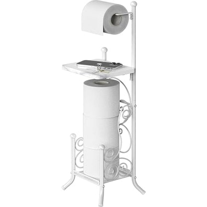 Simple Houseware English Style Toilet Paper Stand Holder w/Woodtop, White | 4 Paper Rolls, 8.5" x 8.75" x 29.2" - color: White, size: Wood Shelf - 29.2''H