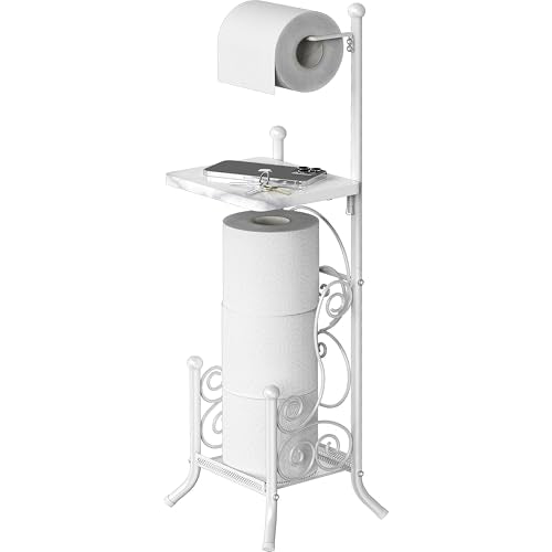 Simple Houseware English Style Toilet Paper Stand Holder w/Woodtop, White | 4 Paper Rolls, 8.5" x 8.75" x 29.2" - color: White, size: Wood Shelf - 29.2''H