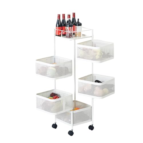 5 Tier Rotating Kitchen Storage Rack, Metal Mesh Rolling Cart Organizer with Top Lid, Organizador De Frutas y Verduras for Fruit Vegetable Grocery, Potato Storage, No Assembly - color: White