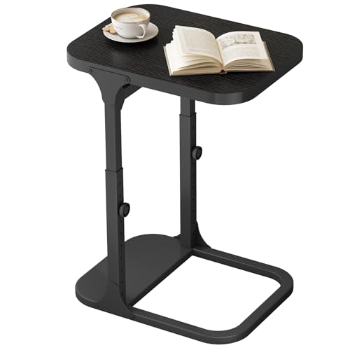 Kitstorack Height Adjustable End Table, Small Side Table for Couch, Sofa Table with Metal Frame for Living Room, Bedroom, Bedside C Shaped Table,Black - color: Black