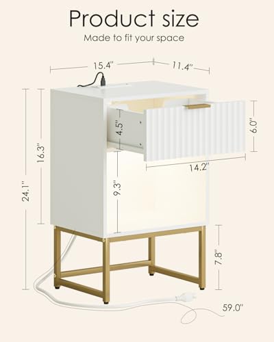 Masupu Fluted Nightstand with Charging Station and LED Lights,Modern Night Stand Wood Bedside Table with Storage Drawer Side End Table for Bedroom, Office,White - color: Light-white
