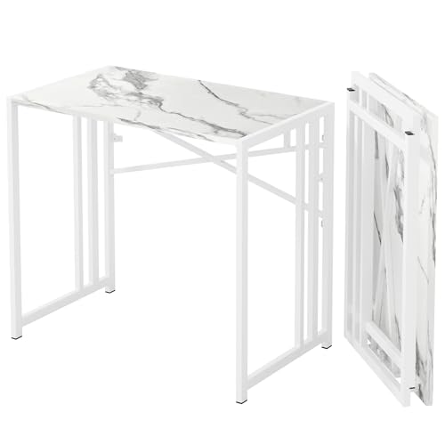 Lutown-Teen 35 inch Folding Small Desk, Writing Gaming Computer Camping Desk for Small Spaces, No Assembly Required Home Office Table, White Marble - color: White Marble, size: 35 Inch