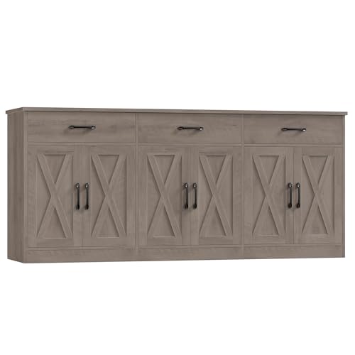 HOSTACK 71" W Farmhouse Kitchen Sideboard Buffet Cabinet with Storage, Grey | Large Coffee Bar Cabinet with 3 Wide Drawers, Long Buffet Table with Shelves, Kitchen Storage Cabinet for Dining Room - color: Ash Grey