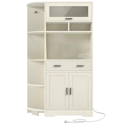 DWVO 67" Farmhouse Baker Rack with Power Outlets & Microwave Stand, White | Buffet Sideboard Cupboard Hutch with Drawer for Kitchen, Living Room, and Dining Room - color: White