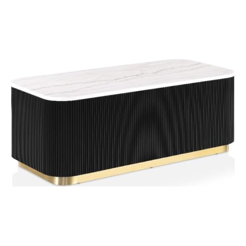 Furniture of America Beryl Modern Rectangle White Genuine Marble Top Coffee Table with Fluted Pedestal Base and Gold Stainless Steel Accent, Low Profile Table for Living Room, Home Office, Black - size: Coffee table, style: Rectangle