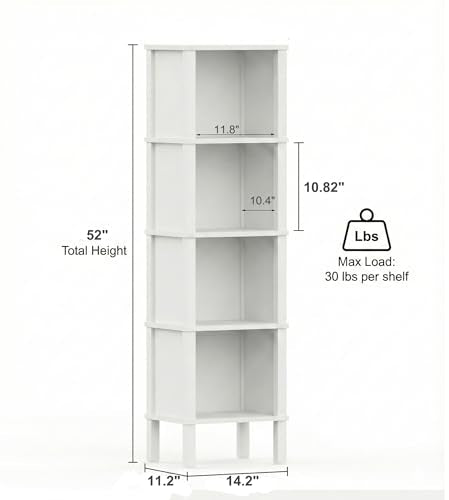 4-Tier Narrow Bookshelf for Small Spaces, Modern 4 Cube Bookcase, 14.2 x 11.2 x 52 Inches, Skinny Storage Shelving Unit, Open Display Rack for Bedroom, Living Room, Home Office,Corner (White)