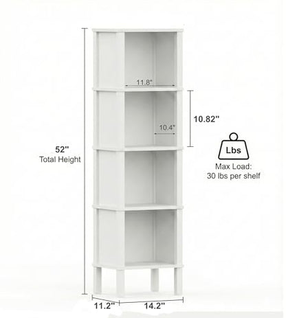 4-Tier Narrow Bookshelf for Small Spaces, Modern 4 Cube Bookcase, 14.2 x 11.2 x 52 Inches, Skinny Storage Shelving Unit, Open Display Rack for Bedroom, Living Room, Home Office,Corner (White)
