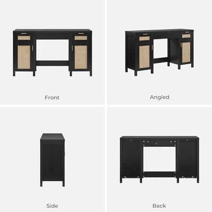 SICOTAS 52 Inch Vanity Table Rattan Vanity Home Office Desk with 3 Drawers | 2 Pieces Farmhouse Boho Makeup Vanity Dressing Table with Large Storage, Vanities Desk for Makeup Room, Bedroom, Office - size: 2 Pieces, style: Black Oak