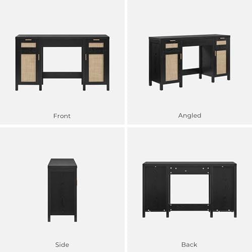 SICOTAS Rattan Vanity Home Office Desk with 3 Drawers, 52 Inch Vanity Table | Farmhouse Boho Makeup Vanity Dressing Table with Large Storage, Vanities Desk for Makeup Room, Bedroom, Office - size: 1 Piece, style: Black Oak
