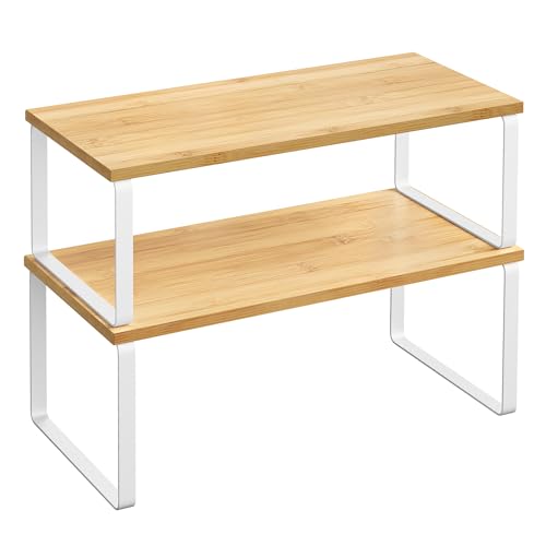 SONGMICS Cabinet Organizer Shelf, Set of 2 Kitchen Counter Shelves, Kitchen Storage, Spice Rack, Stackable, Expandable, Metal and Engineered Wood, Cloud White and Natural Beige UKCS200W01 - color: Cloud White + Natural Beige, size: 15.6"w