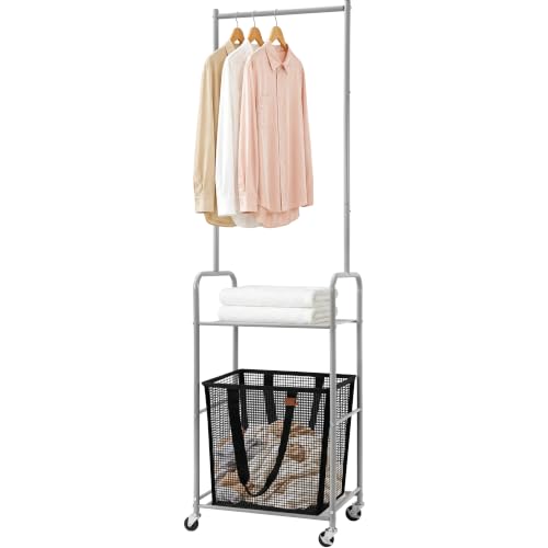 STO STO 3-in-1 Laundry Cart with Hanging Rack, Slim Space-Saving Rolling Laundry Sorter Hamper with Hanging Bar, Removable Pop-Up Mesh Laundry Basket, Storage Shelf, Lockable Wheels for Small Spaces