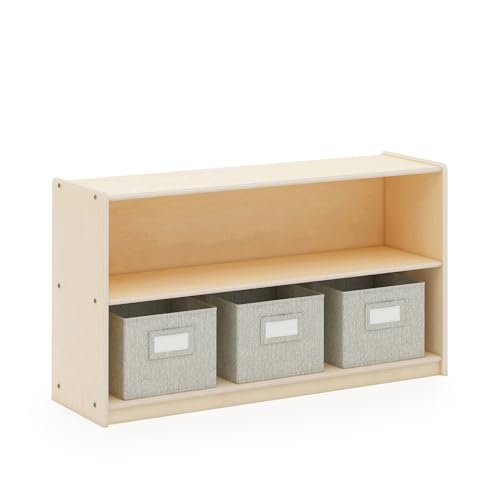 Guidecraft EdQ Two Shelf Open Storage 24'' Natural with 3 Fabric Bins: Wooden Multi-Purpose Bookcases and Toy Storage Organizer; Homeschool and Classroom Furniture - color: Natural
