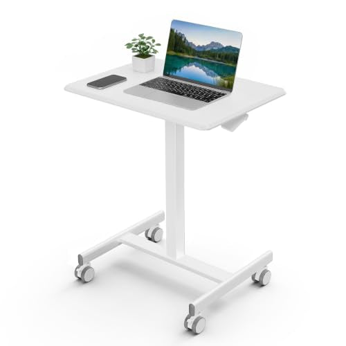 DUMOS Small Standing Desk with Wheels, Laptop Desk, 19 Inch | Portable Rolling Design, Adjustable Height Workstation, Home Office Mobile Station, White - color: Modern White