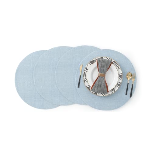 4 Piece Round Placemat 15 Inch Soft Linen eco-Friendly Fabric Handcrafted Machine Washable Indoor & Outdoor Tablemat Light Blue - color: Light Blue, size: Round Placemats 15"