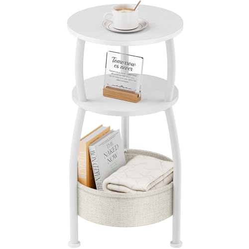 Small Round Side Table for Living Room with Storage Basket –Small Space Saving End Table 3-Tier Nightstand Couch Corner Stand Bedroom, Garden and More 24in Tall Matte White - color: Matte White, size: 11.81" Dia