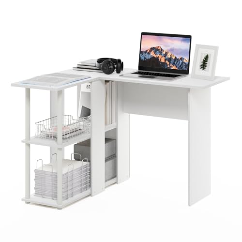 Furinno Abbott L-Shape Desk with Bookshelf, 41.14 (W) x 28.94 (H) x 34.45 (D) inches, White/White - color: White/White, style: Plastic Poles
