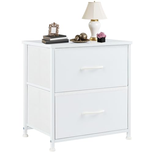 DUMOS Nightstand Small Dresser with 2 Fabric Drawers, Bedroom End Table | Kids Bedside Storage Furniture for 20 inch Tall Night Stand for Closet, Dorm, White - color: White, size: 11.8"D x 18"W x 20"H (2 Drawers)