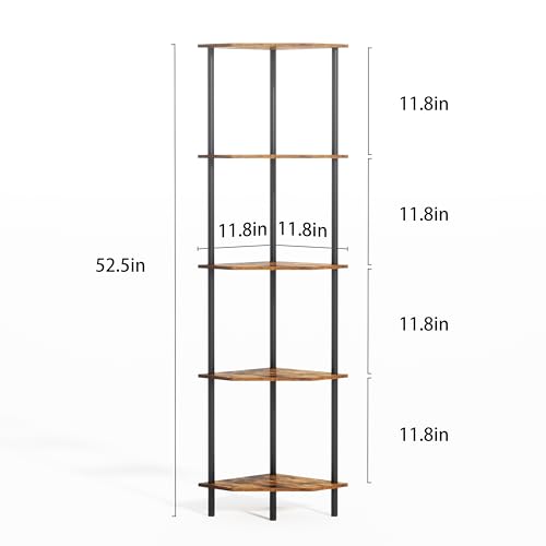Corner Shelf Stand, Storage Standing Shelf Unit with Metal Frame, Narrow Bookshelf with LED Light Brown Plant Display Stand, Multi Unit Organizer Corner Cabinet for Bedroom, Living Room (5 Tier)