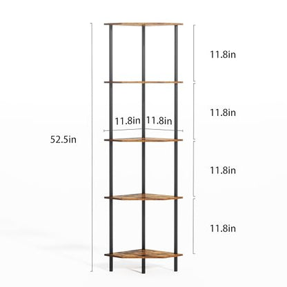 Corner Shelf Stand, Storage Standing Shelf Unit with Metal Frame, Narrow Bookshelf with LED Light Brown Plant Display Stand, Multi Unit Organizer Corner Cabinet for Bedroom, Living Room (5 Tier)