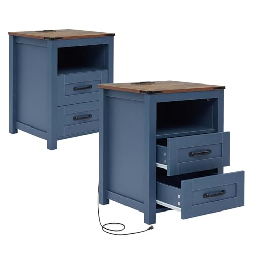 Farmhouse Night Stand Set of 2, Rustic Blue Nightstand for Bedroom, End Tables with Charging Station, Bedside Table with Drawers, Wood Bedside Cabinet Dresser - color: Blue, size: 2pcs with Charging