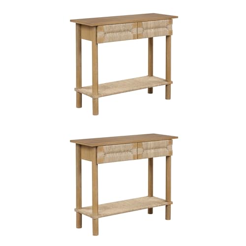 Nathan James Beacon Wooden Sofa Console Table with Drawers, Bohemian Entryway Accent, Hallway Furniture with Seagrass Shelf, Light Brown, Set of 2 - color: Beacon Light Brown/Seagrass, size: Set of 2