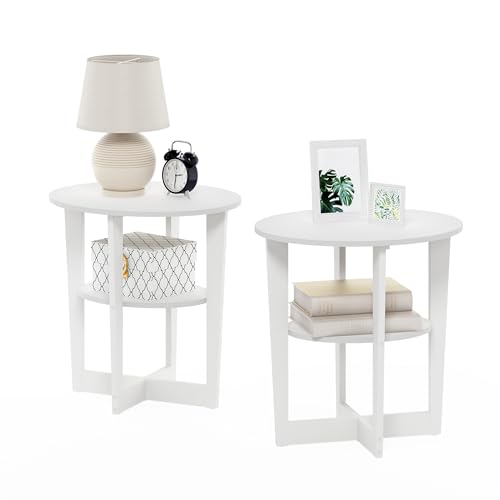 Furinno JAYA Side Table Set of 2, 2-Tier Round Modern End Table with Oval Tabletop, Night Stand, Bedside Table with Open Shelf, for Living Room, Bedroom, White - color: White, size: 2-Pack, 2 Tiers, Oval Panel