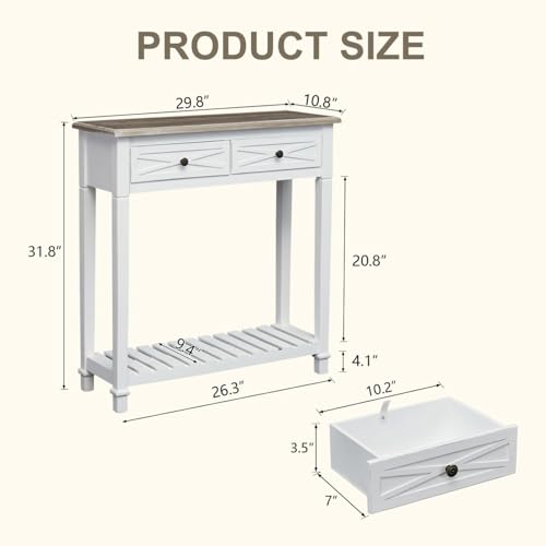 Narrow Entryway Table, 2-Tier Wooden Sofa Console Table with 2 Drawers and Storage Shelf, Couch Furniture Behind Sofa Hallway Entryway Living Room, White - color: White