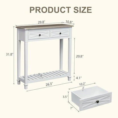 Narrow Entryway Table, 2-Tier Wooden Sofa Console Table with 2 Drawers and Storage Shelf, Couch Furniture Behind Sofa Hallway Entryway Living Room, White - color: White