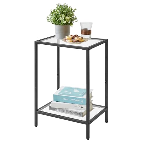YMYNY Tempered Glass Side Table, 22.05H*14.96L*11.02W,Black, UHGD002B | 2 Tier end table, Storage Shelves, Narrow Bedside Table, For Small Space - color: Black