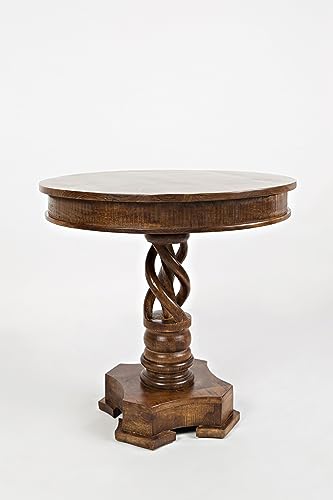 Jofran Global Archive Solid Mango Wood Hand Carved Pedestal Dining Table, Vintage Side Table, 30L X 30W X 30H, Brown
