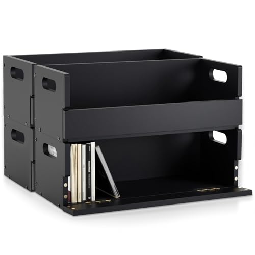 CroBlissful 4 Set Wooden CD Storage Box,Holds 144 CDs(36 Each),Stackable CD Holder Organizer with Magnetic Front Flap and Carrying Handles for DVDs, Cassette Tapes and Movie Cases (Black) - color: Black
