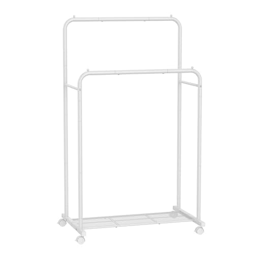 SONGMICS Double Rods Clothes Rack with Wheels, Clothing Rack for Hanging Clothes, Heavy Duty Garment Rack with Mesh Storage Shelf, 2 Brakes, Each Top Rail Holds up to 77 lb, White UHSR026W01 - color: White, style: Double Rod